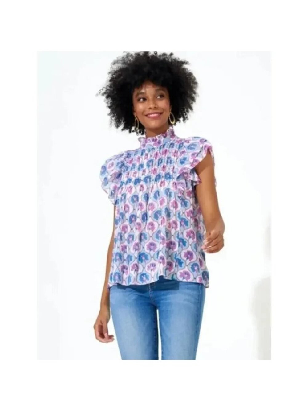 Oliphant Pintuck Ruffle Top Blouse color iris blue Print size L NWT mspr $248